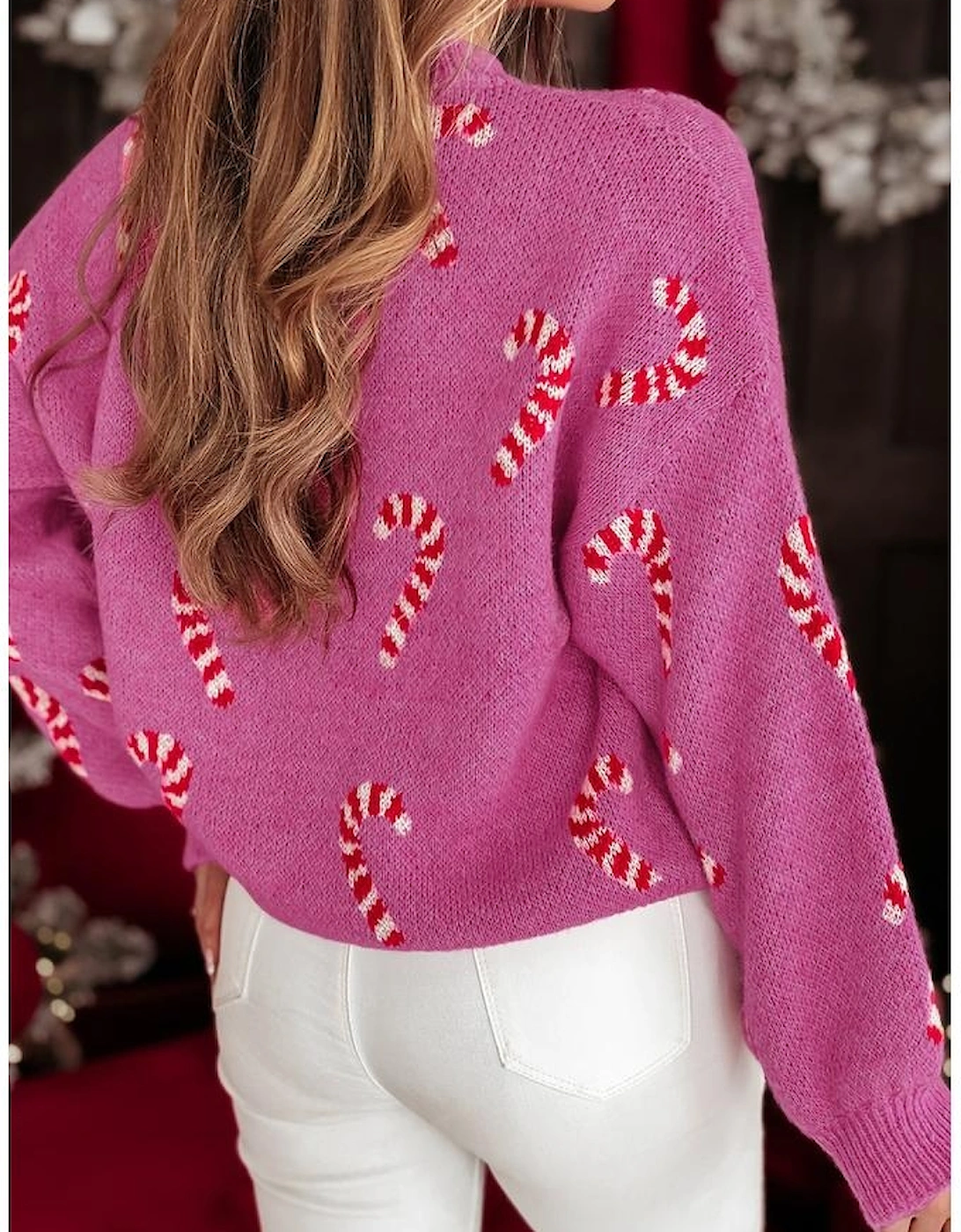Sachet Pink Christmas Candy Cane Holiday Drop Shoulder Sweater, 12 of 11