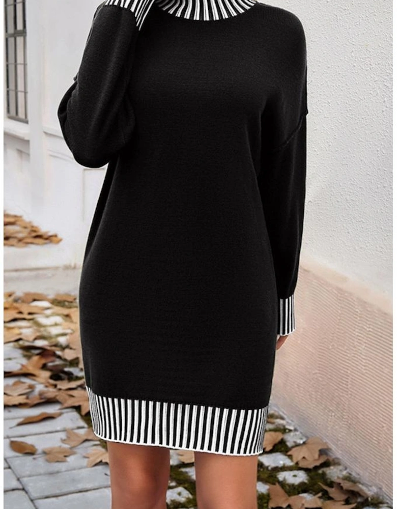 Black Striped Trim Mock Neck Dropped Long Sleeve Sweater Mini Dress