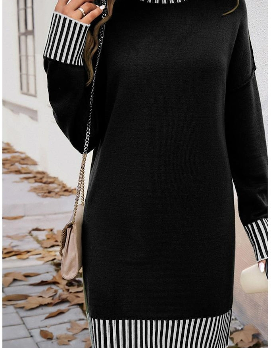 Black Striped Trim Mock Neck Dropped Long Sleeve Sweater Mini Dress, 10 of 9