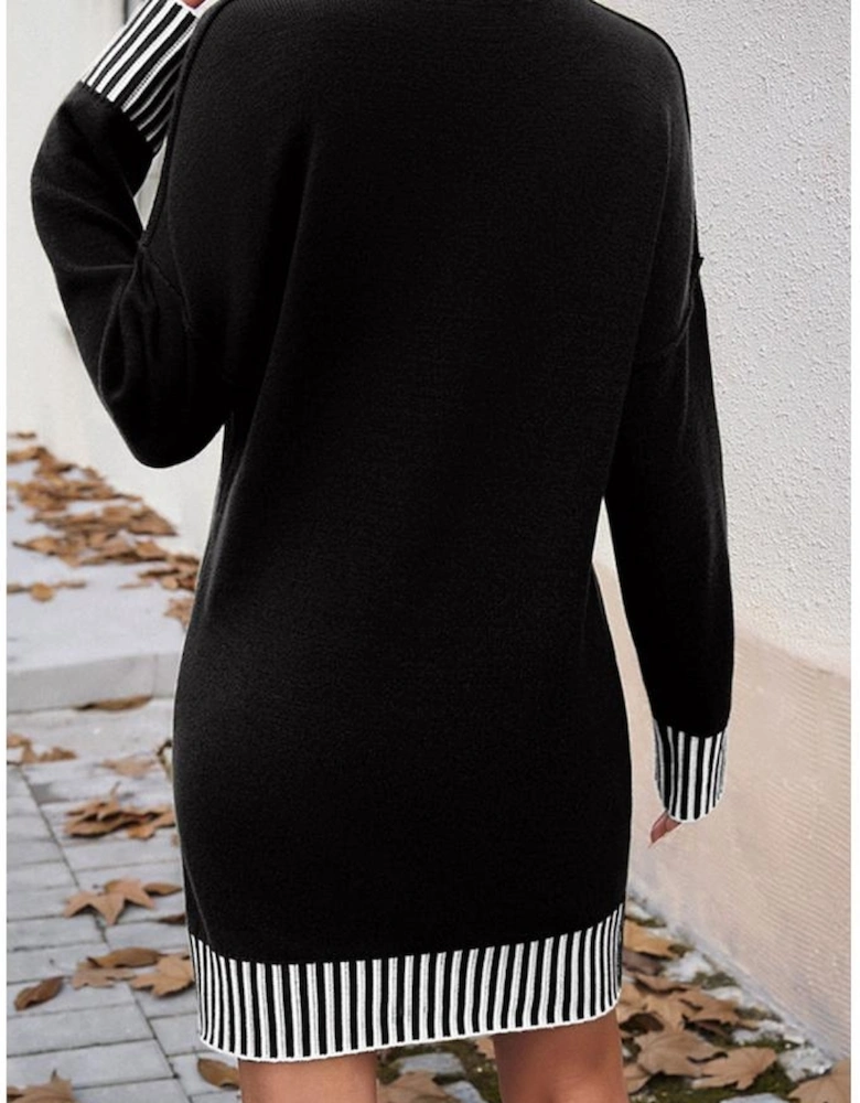 Black Striped Trim Mock Neck Dropped Long Sleeve Sweater Mini Dress