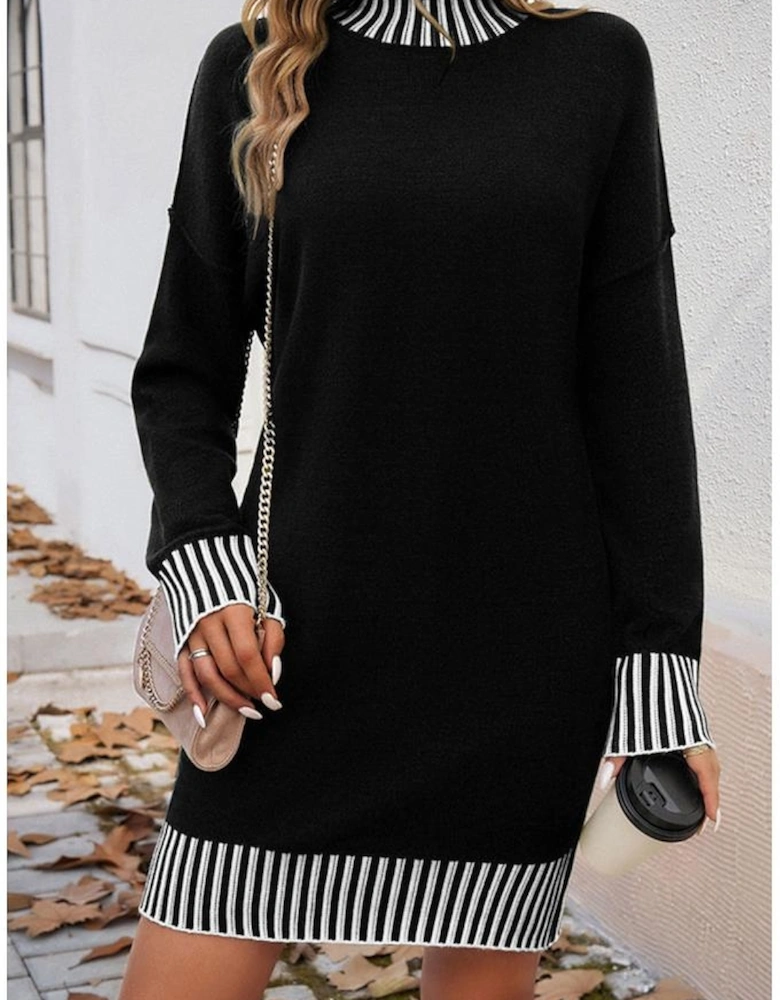 Black Striped Trim Mock Neck Dropped Long Sleeve Sweater Mini Dress