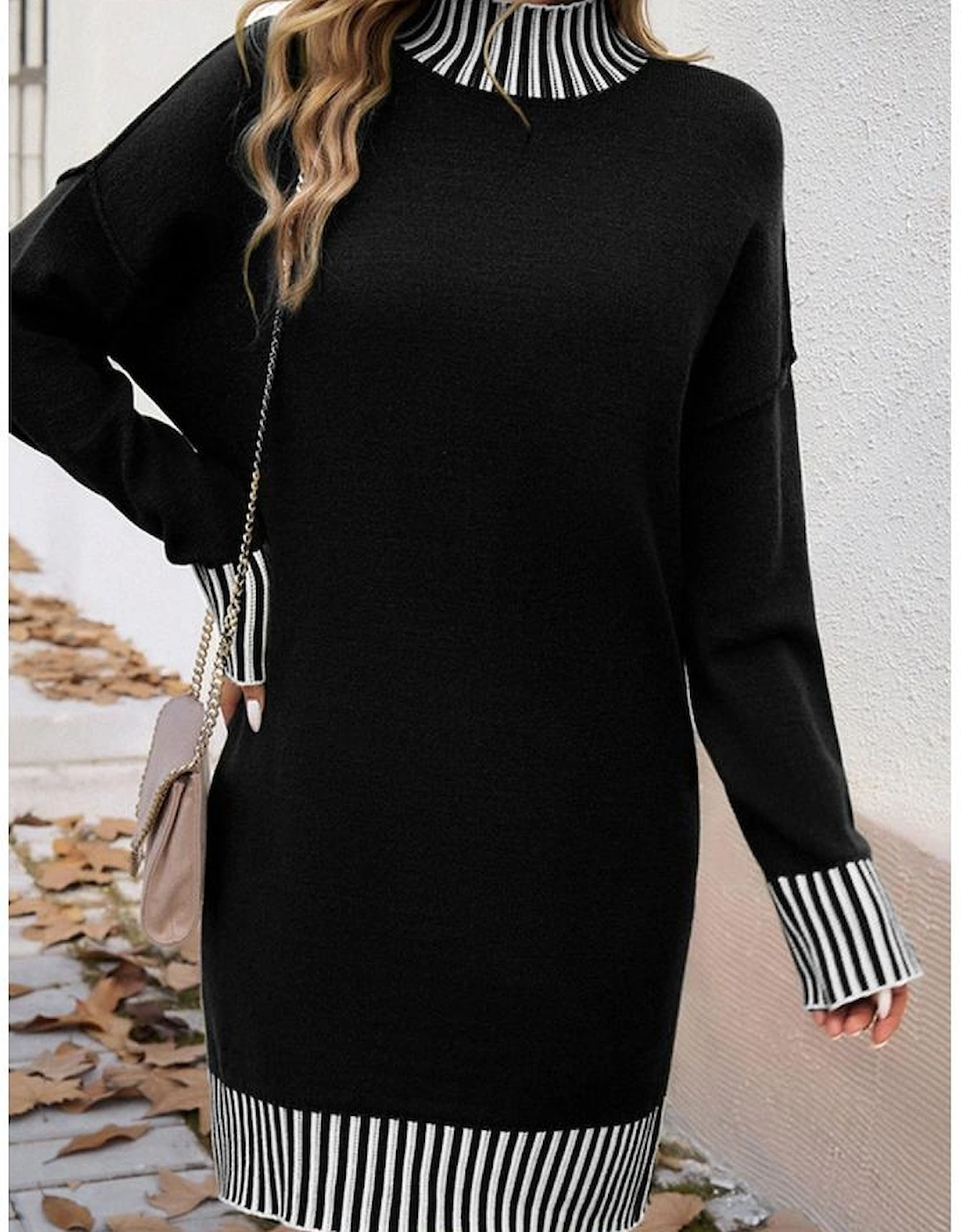 Black Striped Trim Mock Neck Dropped Long Sleeve Sweater Mini Dress