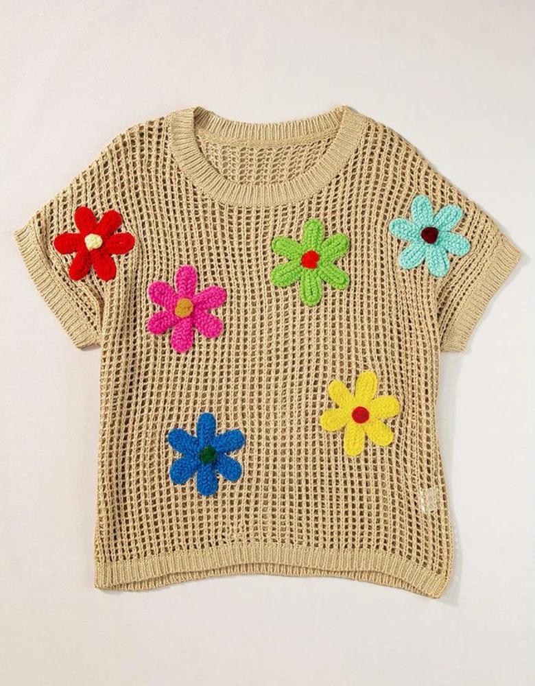 Light French Beige Crochet Flower Hollow-out Sweater T Shirt