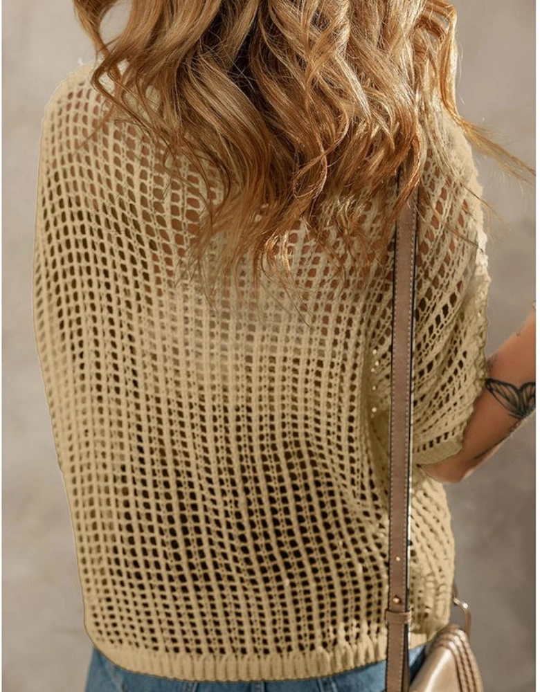 Light French Beige Crochet Flower Hollow-out Sweater T Shirt