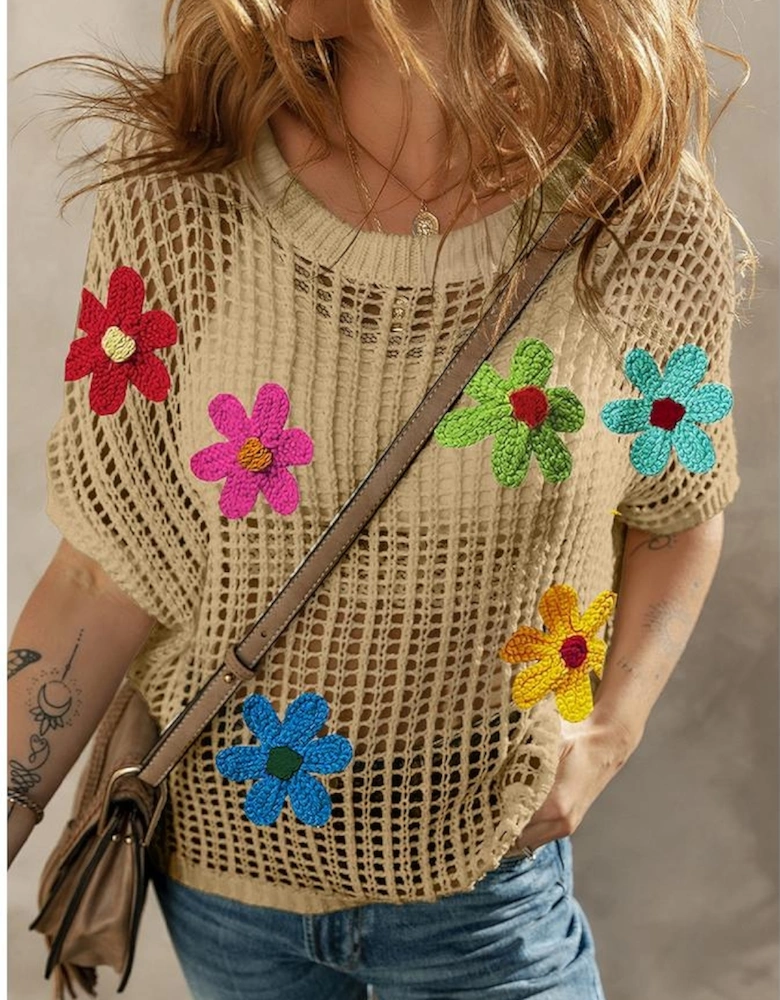 Light French Beige Crochet Flower Hollow-out Sweater T Shirt