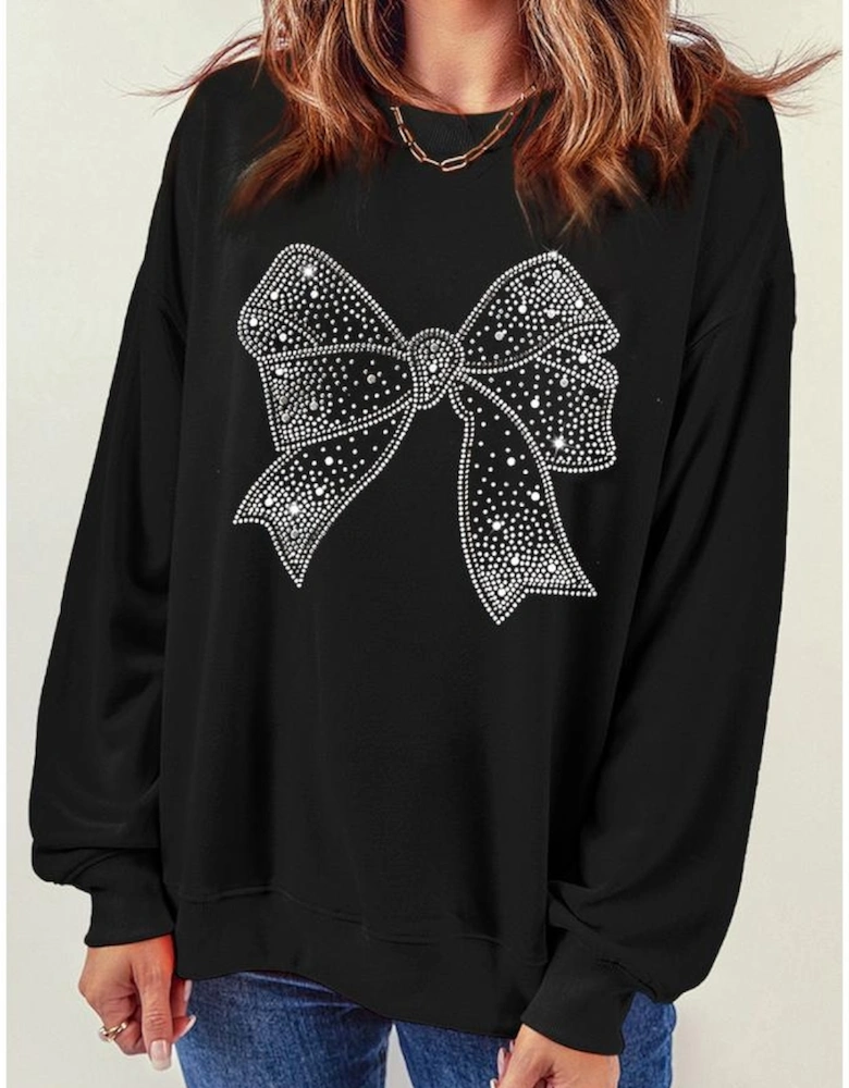 Black Rhinestone Bowknot Graphic Crewneck Pullover Sweatshirt
