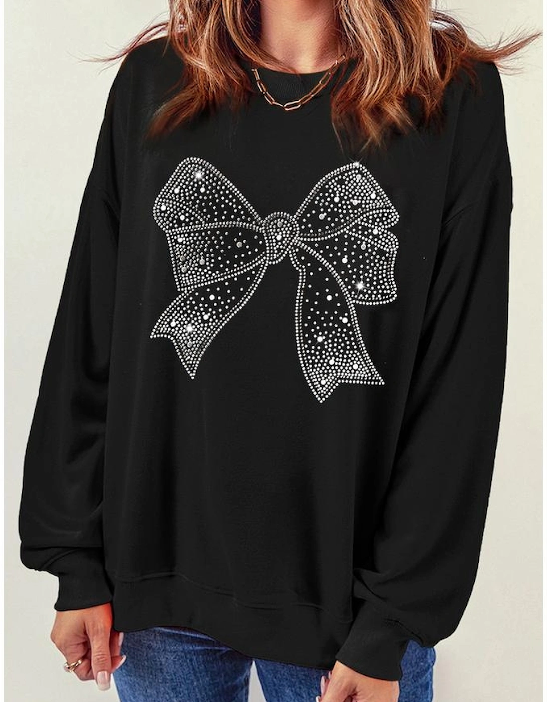 Black Rhinestone Bowknot Graphic Crewneck Pullover Sweatshirt