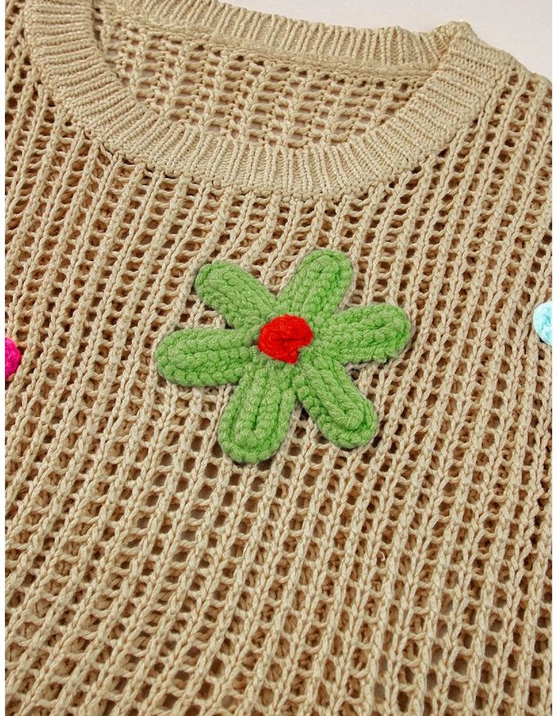 Light French Beige Crochet Flower Hollow-out Sweater T Shirt