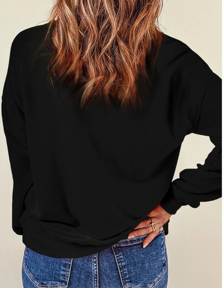 Black Rhinestone Bowknot Graphic Crewneck Pullover Sweatshirt