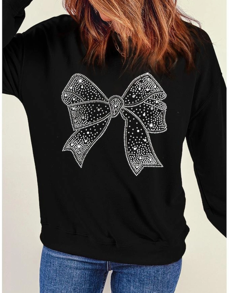 Black Rhinestone Bowknot Graphic Crewneck Pullover Sweatshirt