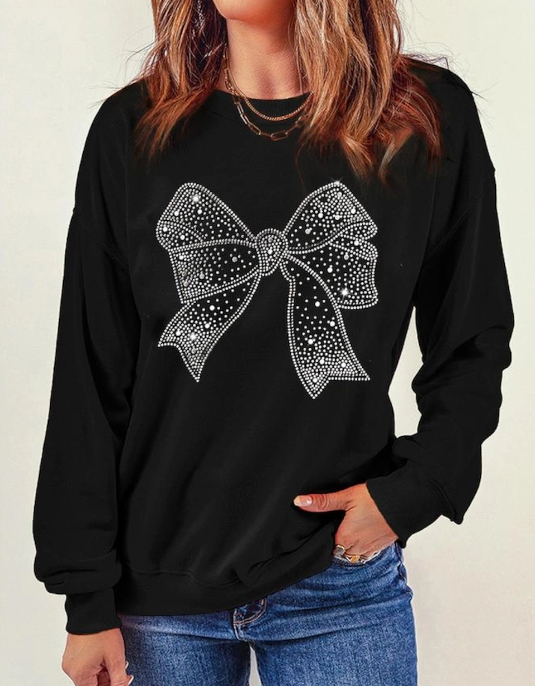 Black Rhinestone Bowknot Graphic Crewneck Pullover Sweatshirt
