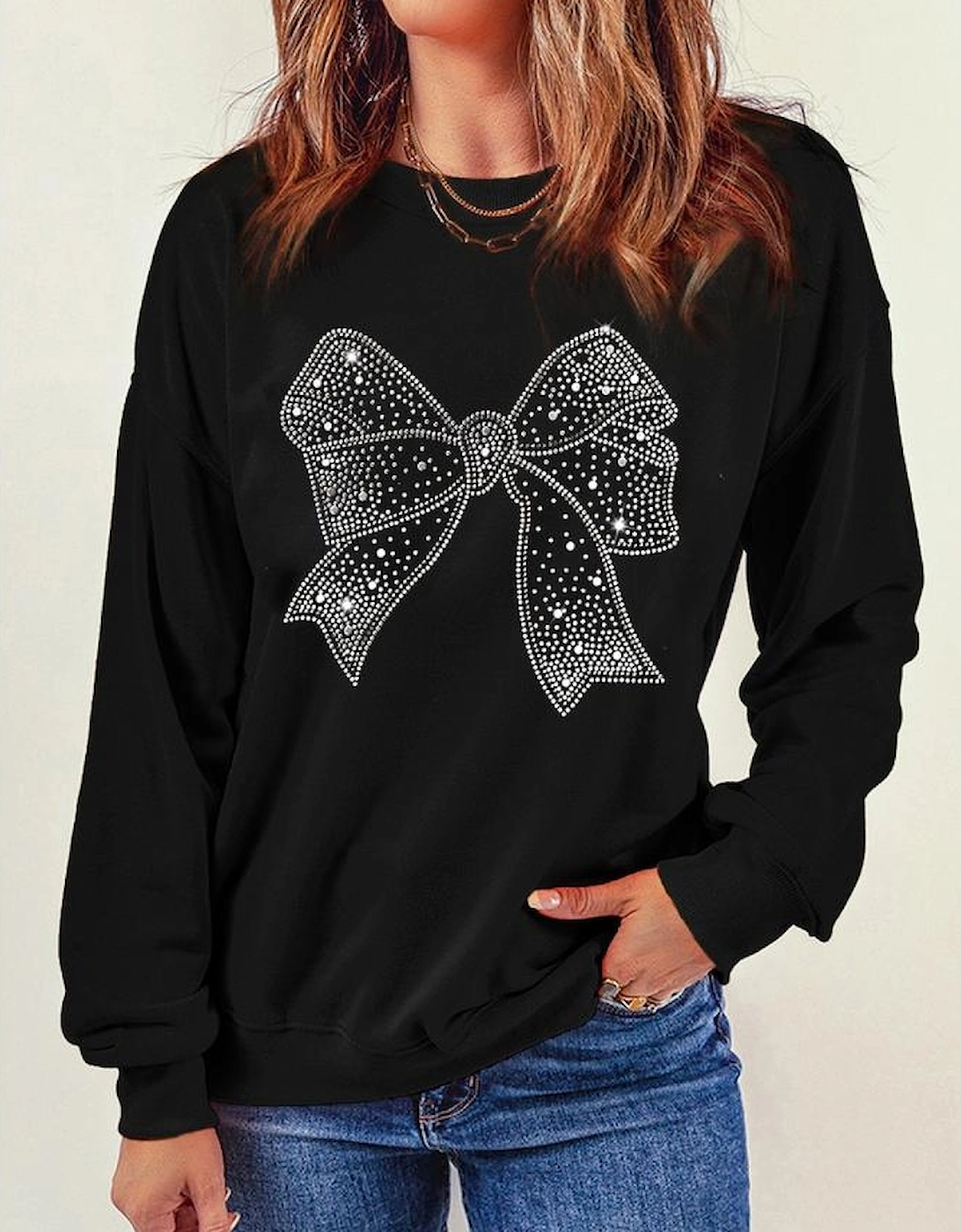 Black Rhinestone Bowknot Graphic Crewneck Pullover Sweatshirt