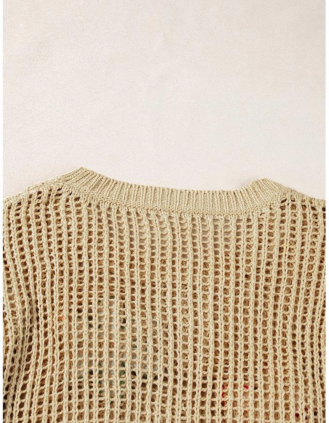 Light French Beige Crochet Flower Hollow-out Sweater T Shirt
