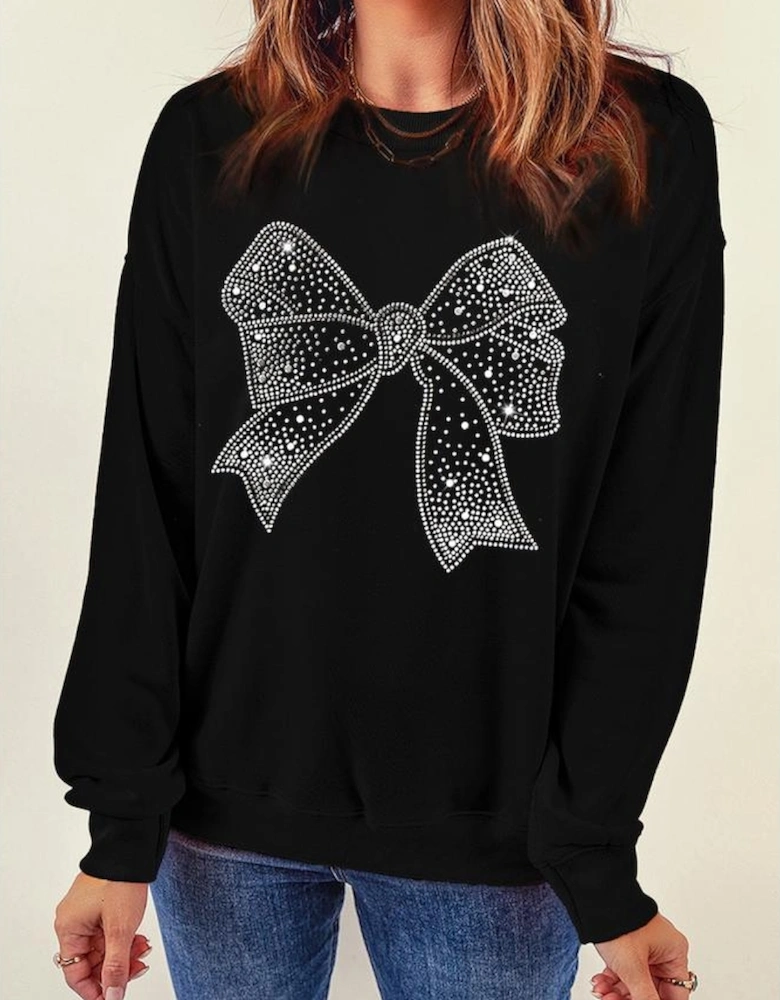 Black Rhinestone Bowknot Graphic Crewneck Pullover Sweatshirt