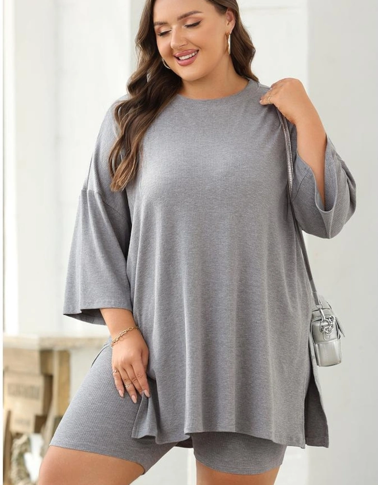 Light Grey Solid Color Loose Tunic Top and Slim Shorts Set