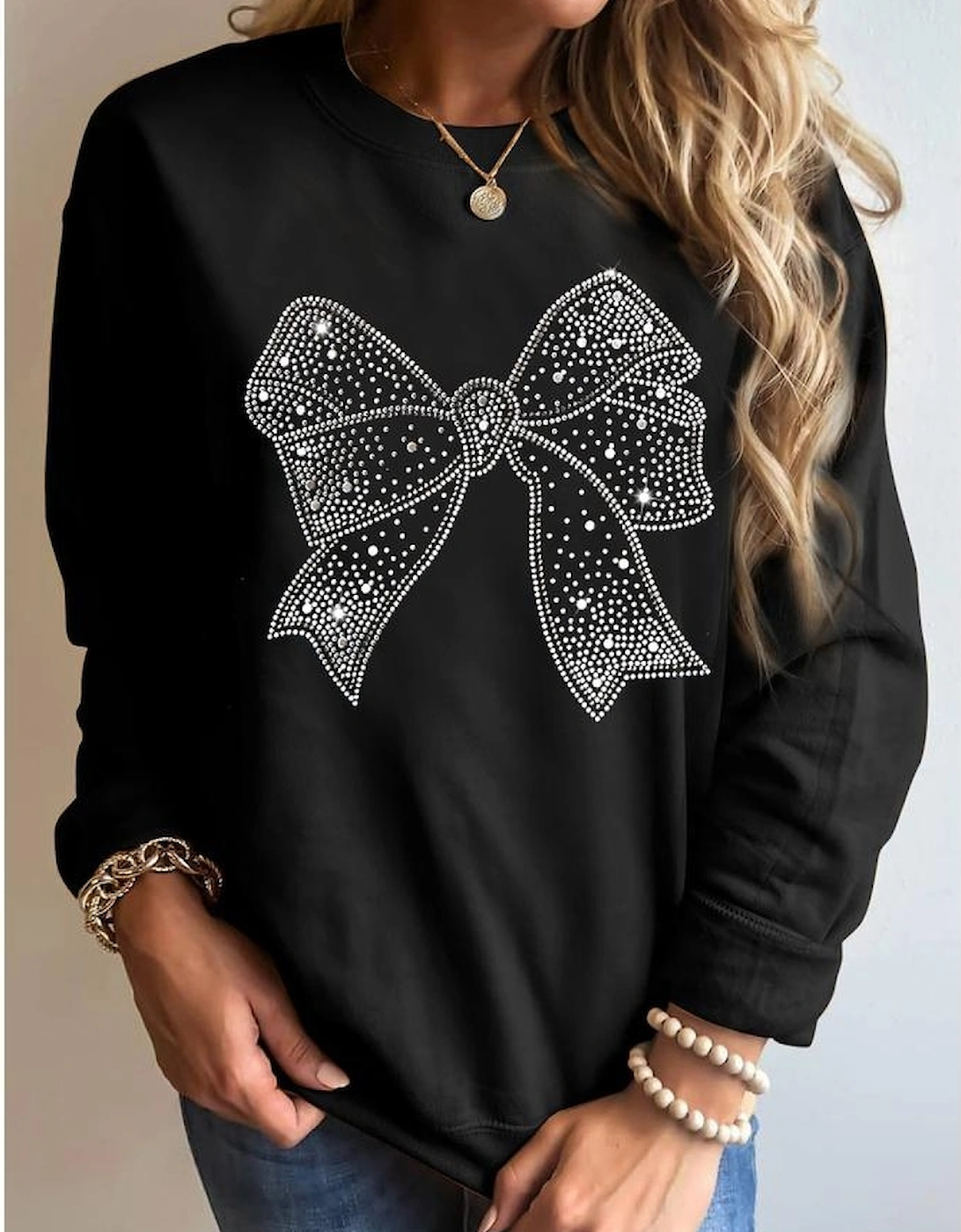 Black Rhinestone Bowknot Graphic Crewneck Pullover Sweatshirt, 7 of 6