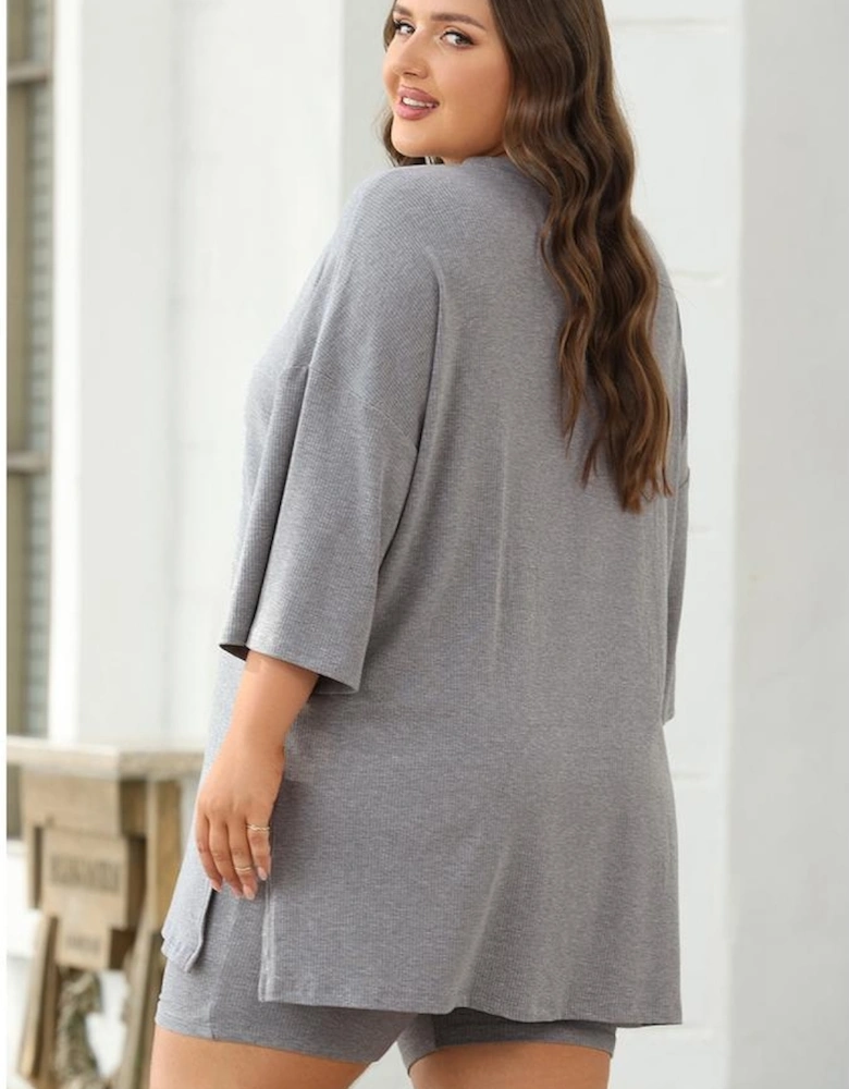 Light Grey Solid Color Loose Tunic Top and Slim Shorts Set