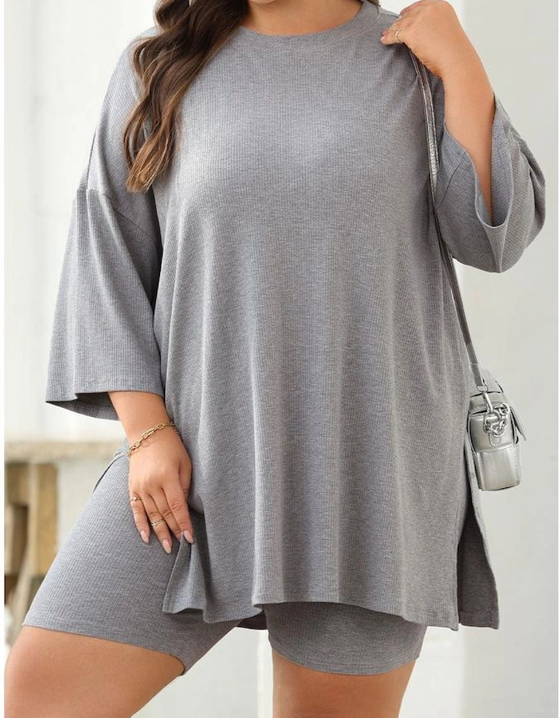 Light Grey Solid Color Loose Tunic Top and Slim Shorts Set