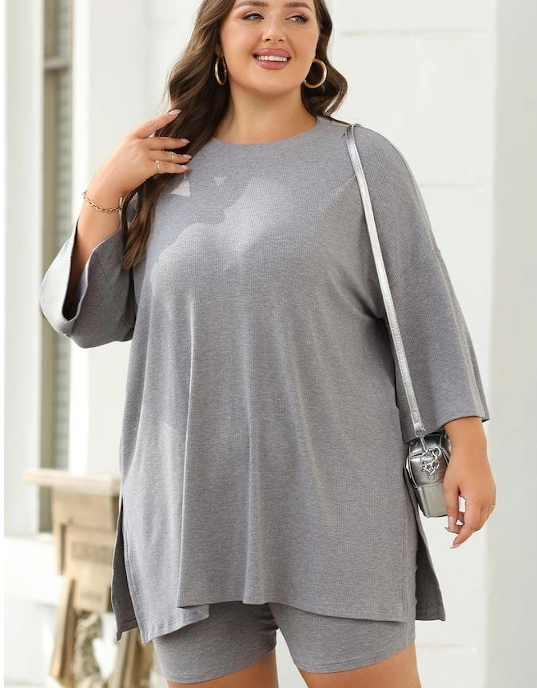 Light Grey Solid Color Loose Tunic Top and Slim Shorts Set