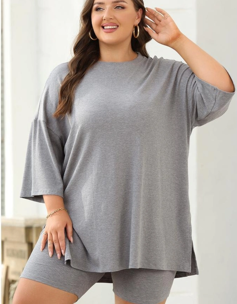 Light Grey Solid Color Loose Tunic Top and Slim Shorts Set