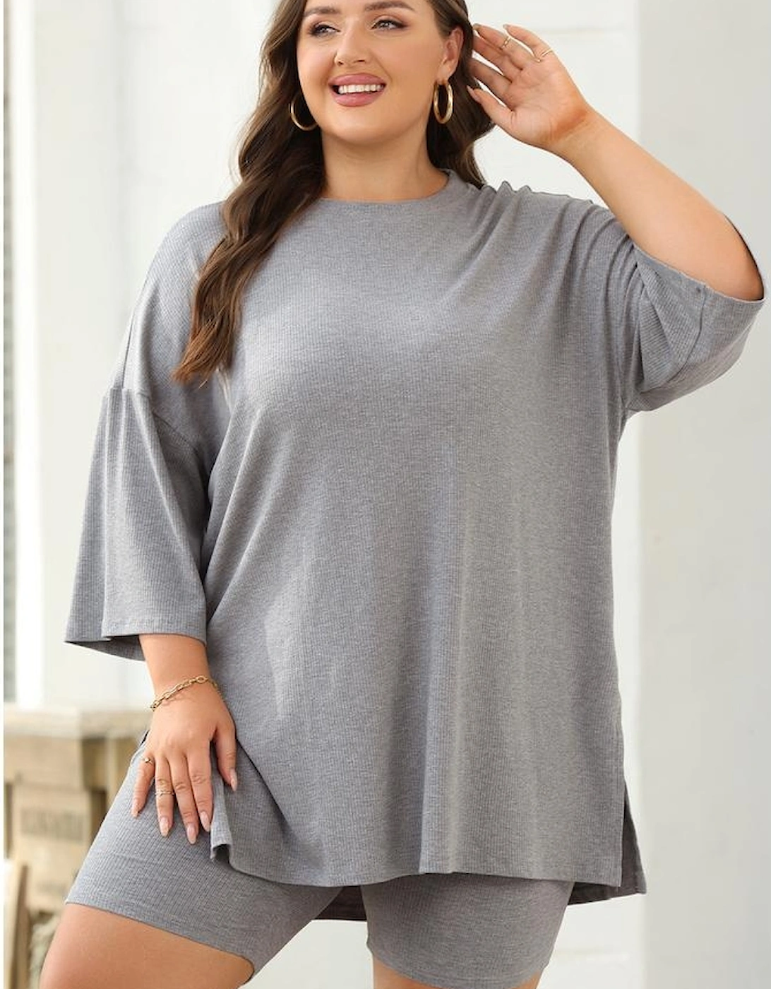 Light Grey Solid Color Loose Tunic Top and Slim Shorts Set