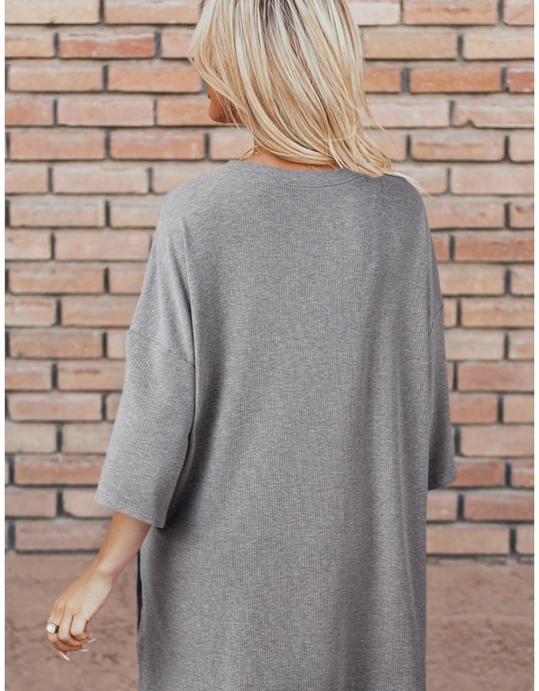 Light Grey Solid Color Loose Tunic Top and Slim Shorts Set
