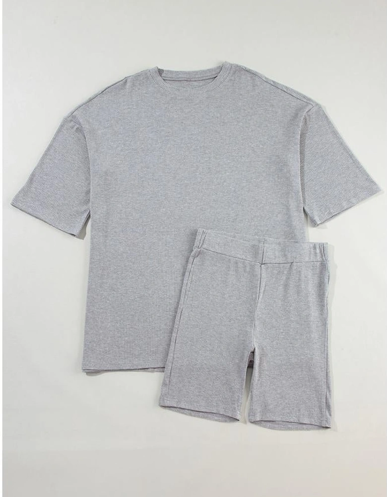 Light Grey Solid Color Loose Tunic Top and Slim Shorts Set