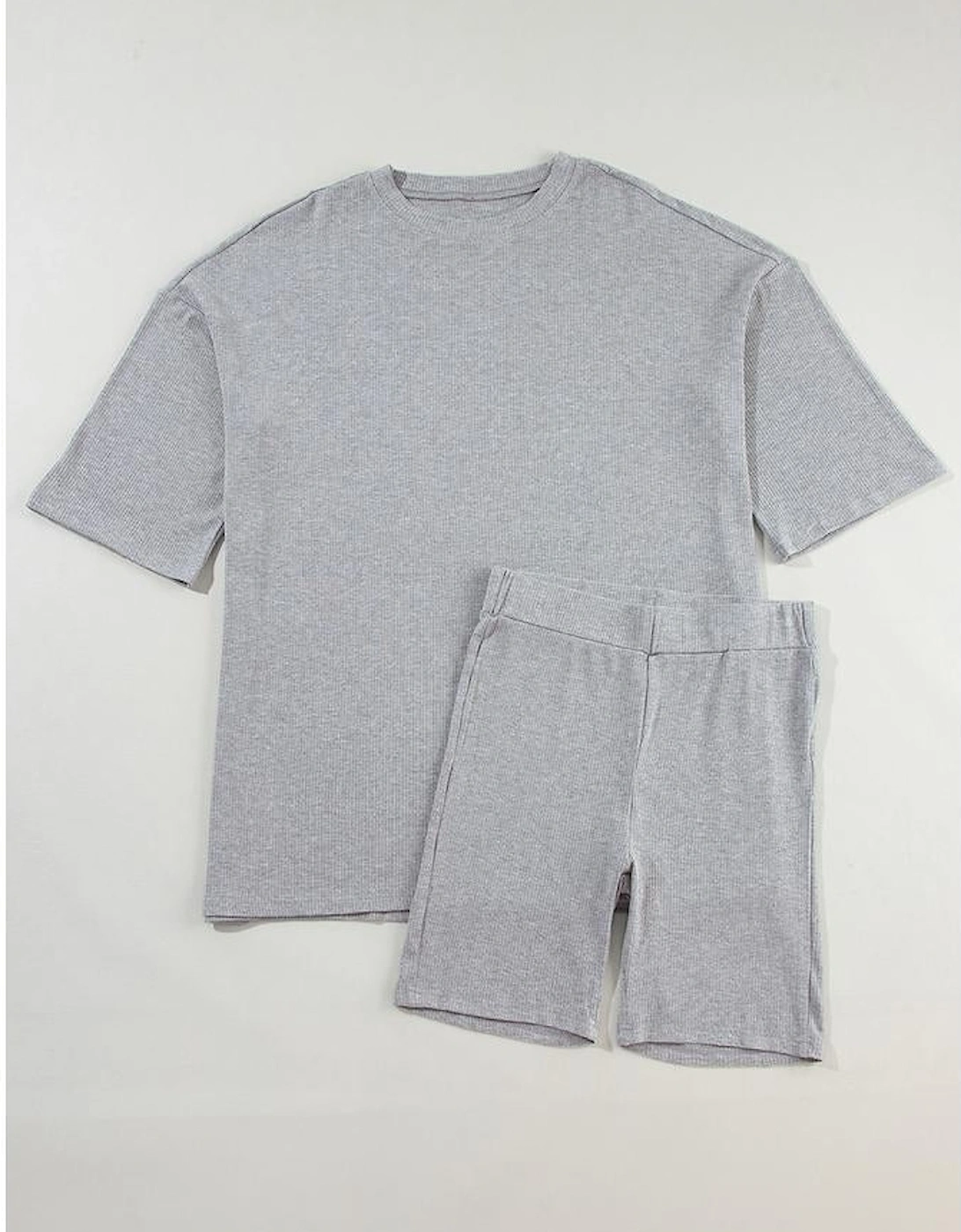 Light Grey Solid Color Loose Tunic Top and Slim Shorts Set
