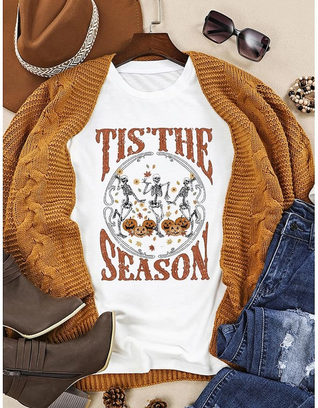 White Halloween Season Dancing Skeleton Graphic Tee