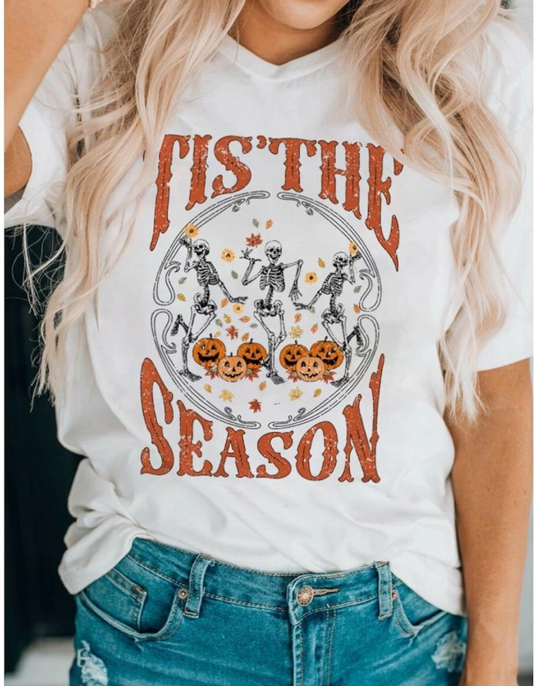 White Halloween Season Dancing Skeleton Graphic Tee