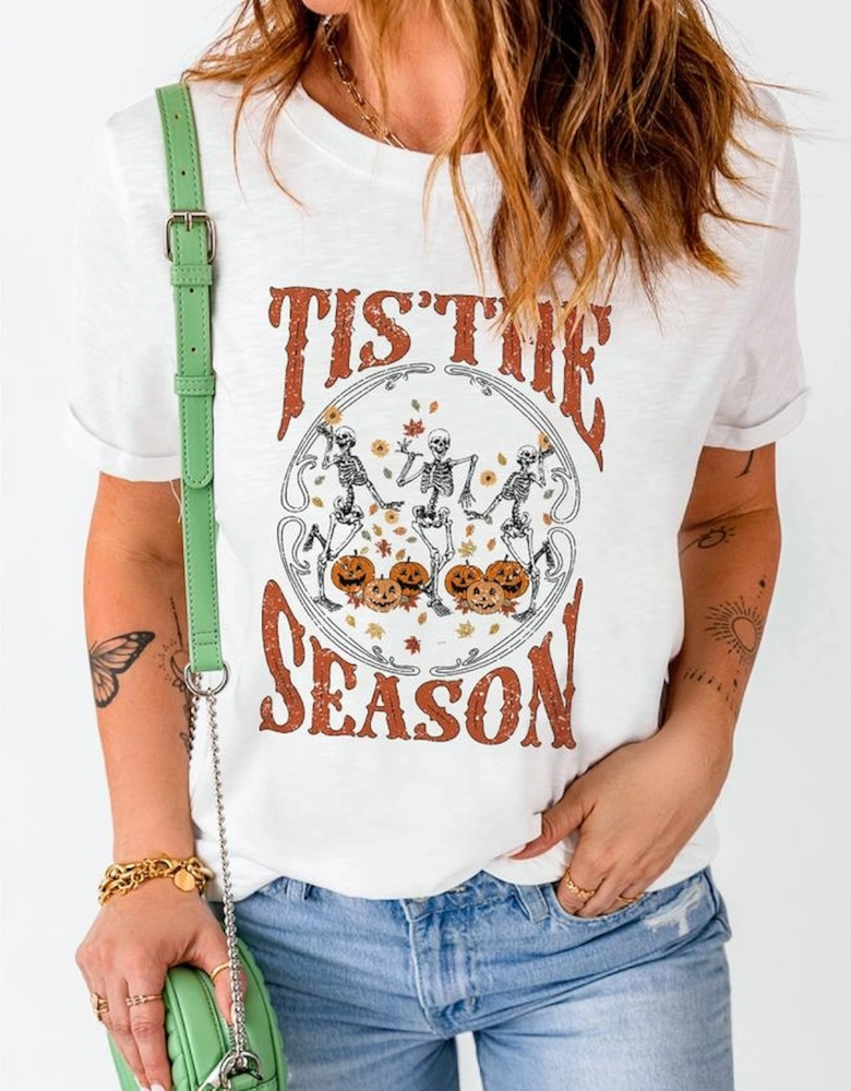 White Halloween Season Dancing Skeleton Graphic Tee
