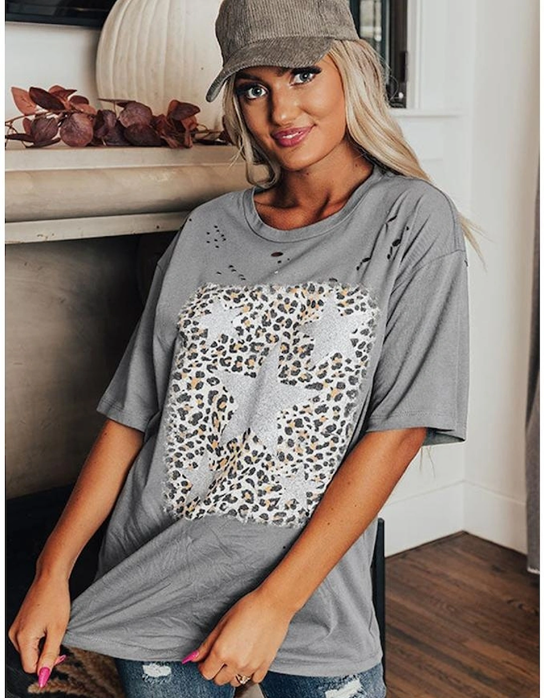 Medium Grey Stars Leopard Graphic Distressed Tee