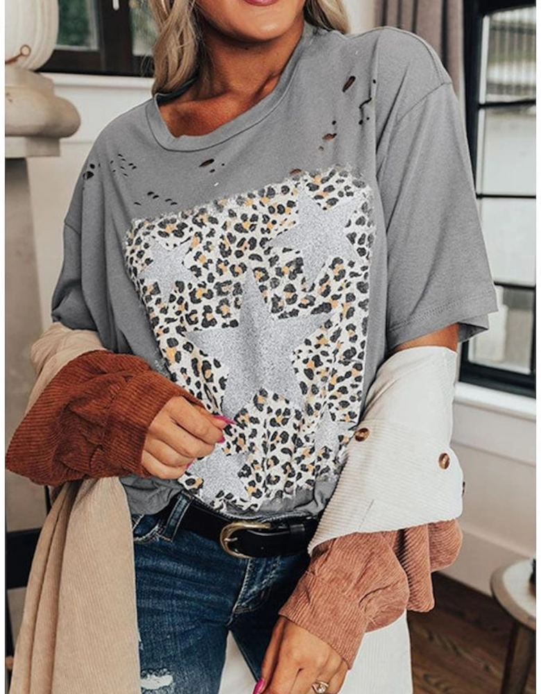 Medium Grey Stars Leopard Graphic Distressed Tee