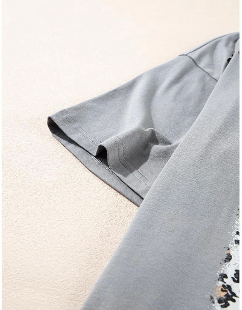 Medium Grey Stars Leopard Graphic Distressed Tee