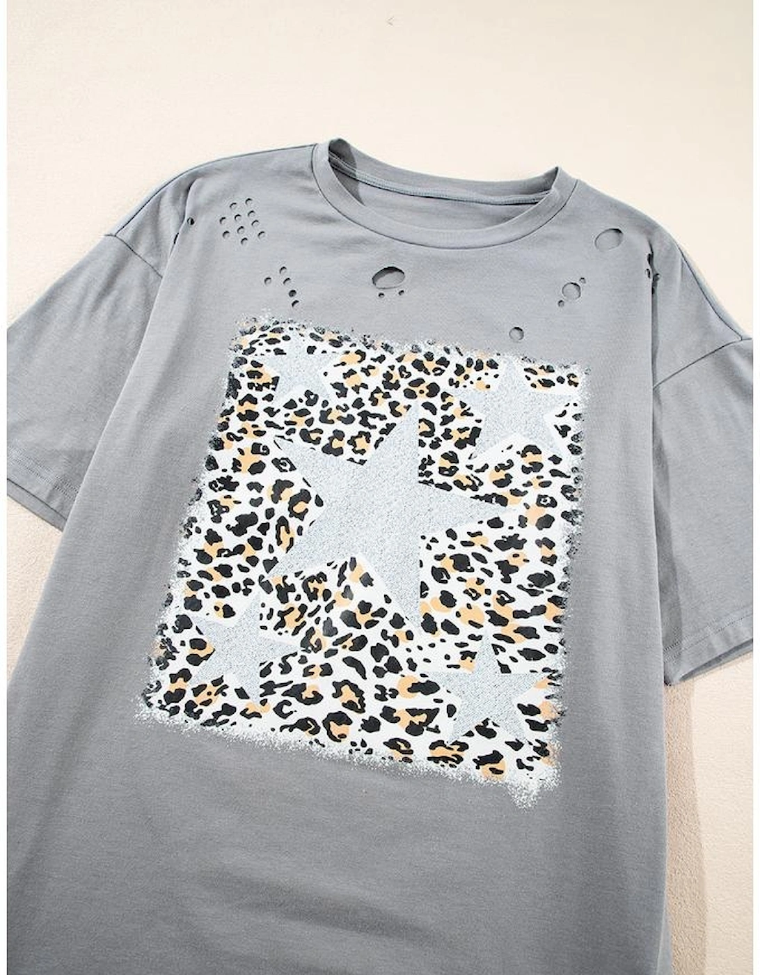 Medium Grey Stars Leopard Graphic Distressed Tee