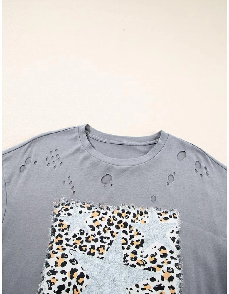 Medium Grey Stars Leopard Graphic Distressed Tee