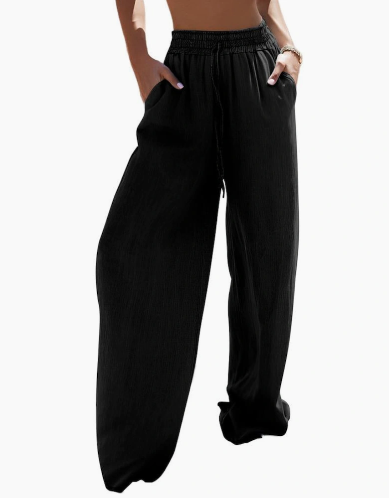 Black Drawstring High Waist Wide Leg Denim Pants