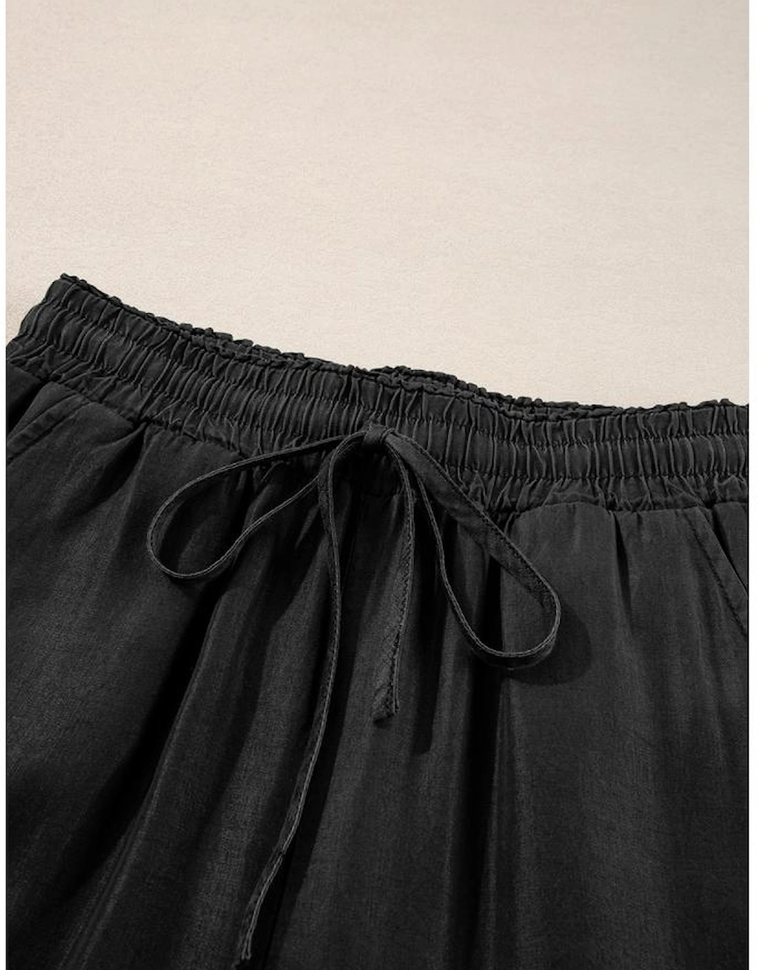 Black Drawstring High Waist Wide Leg Denim Pants