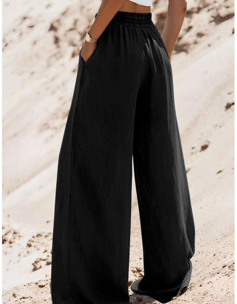 Black Drawstring High Waist Wide Leg Denim Pants