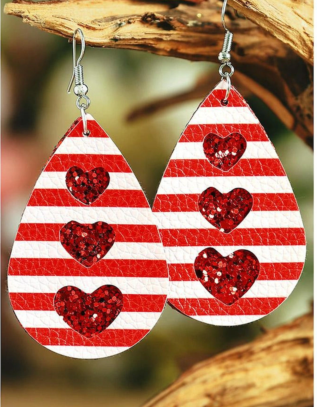 Azura Exchange Striped Sequin Heart PU Leather Drop Earrings, 4 of 3