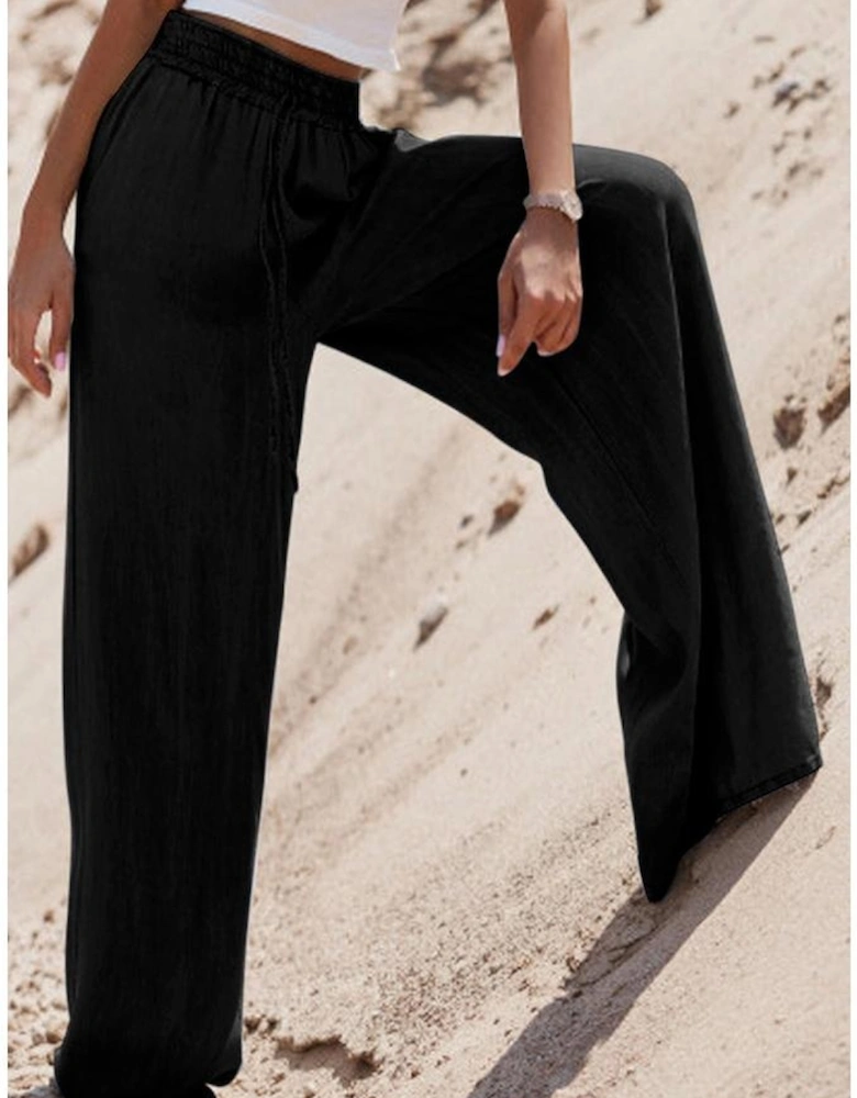 Black Drawstring High Waist Wide Leg Denim Pants