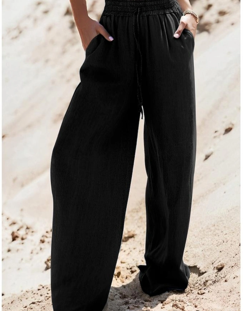 Black Drawstring High Waist Wide Leg Denim Pants