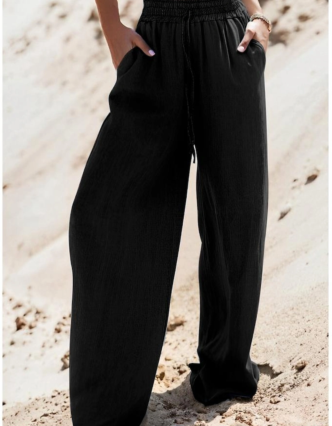 Black Drawstring High Waist Wide Leg Denim Pants