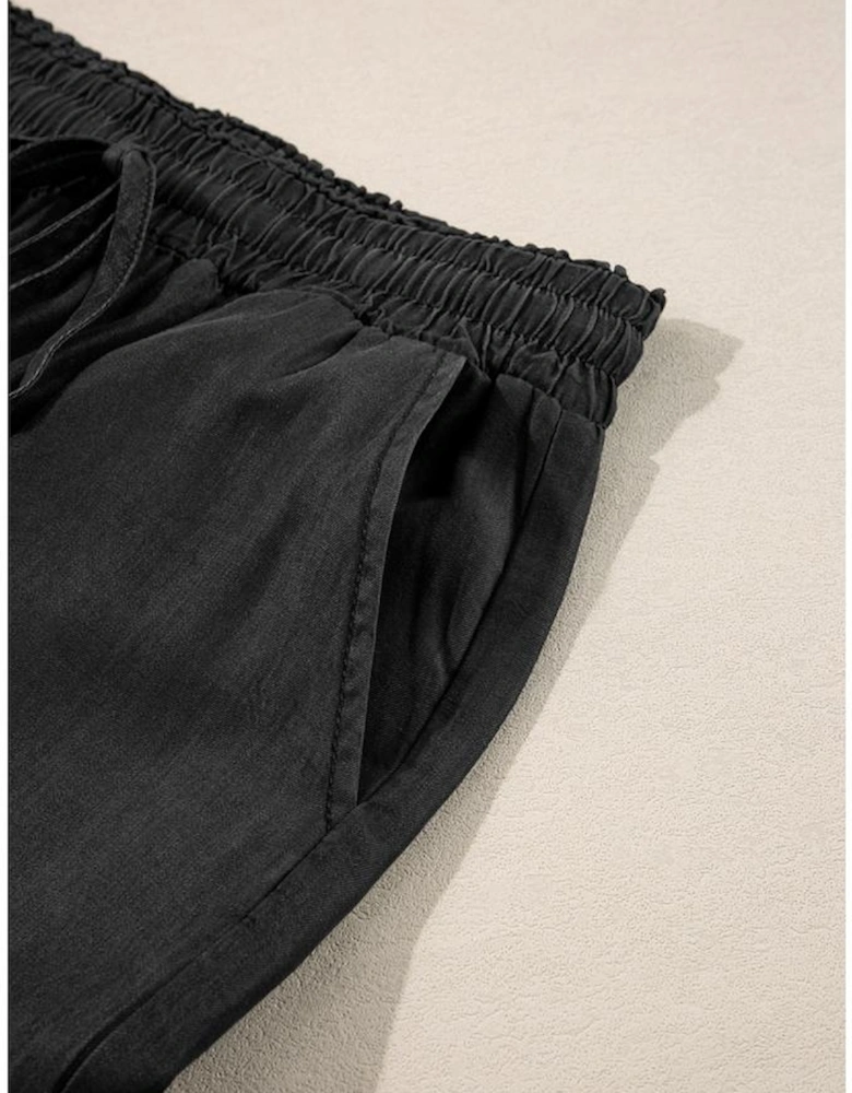 Black Drawstring High Waist Wide Leg Denim Pants
