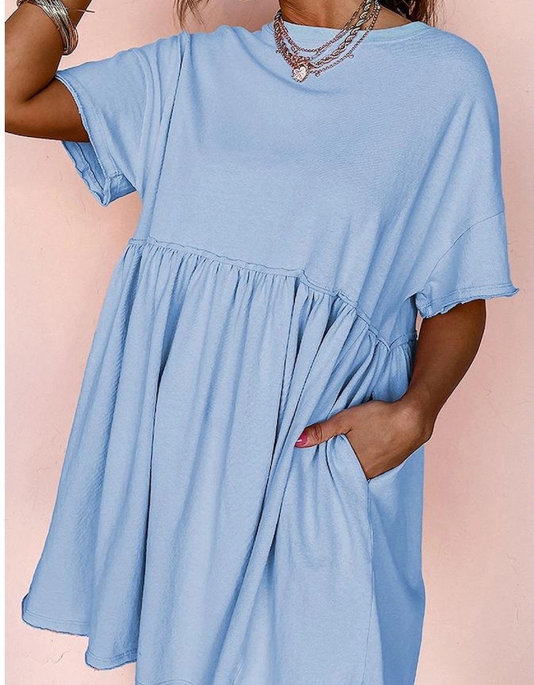 Sky Blue Solid Color Pocketed Raw Edge Babydoll Dress