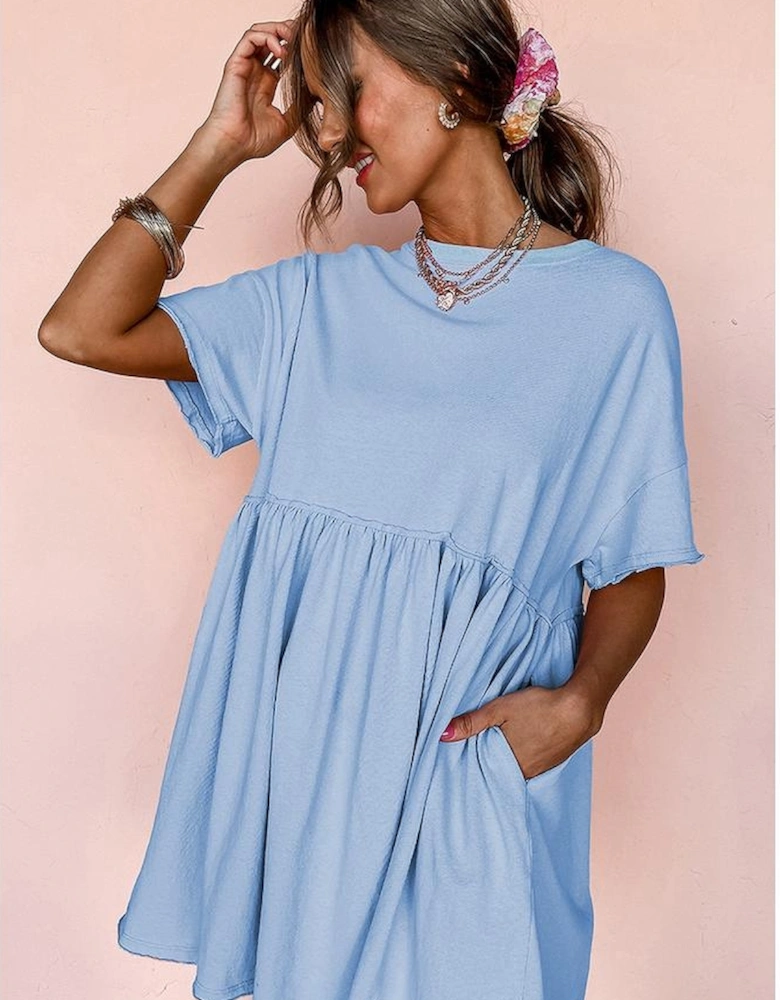 Sky Blue Solid Color Pocketed Raw Edge Babydoll Dress