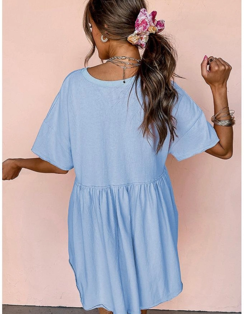 Sky Blue Solid Color Pocketed Raw Edge Babydoll Dress