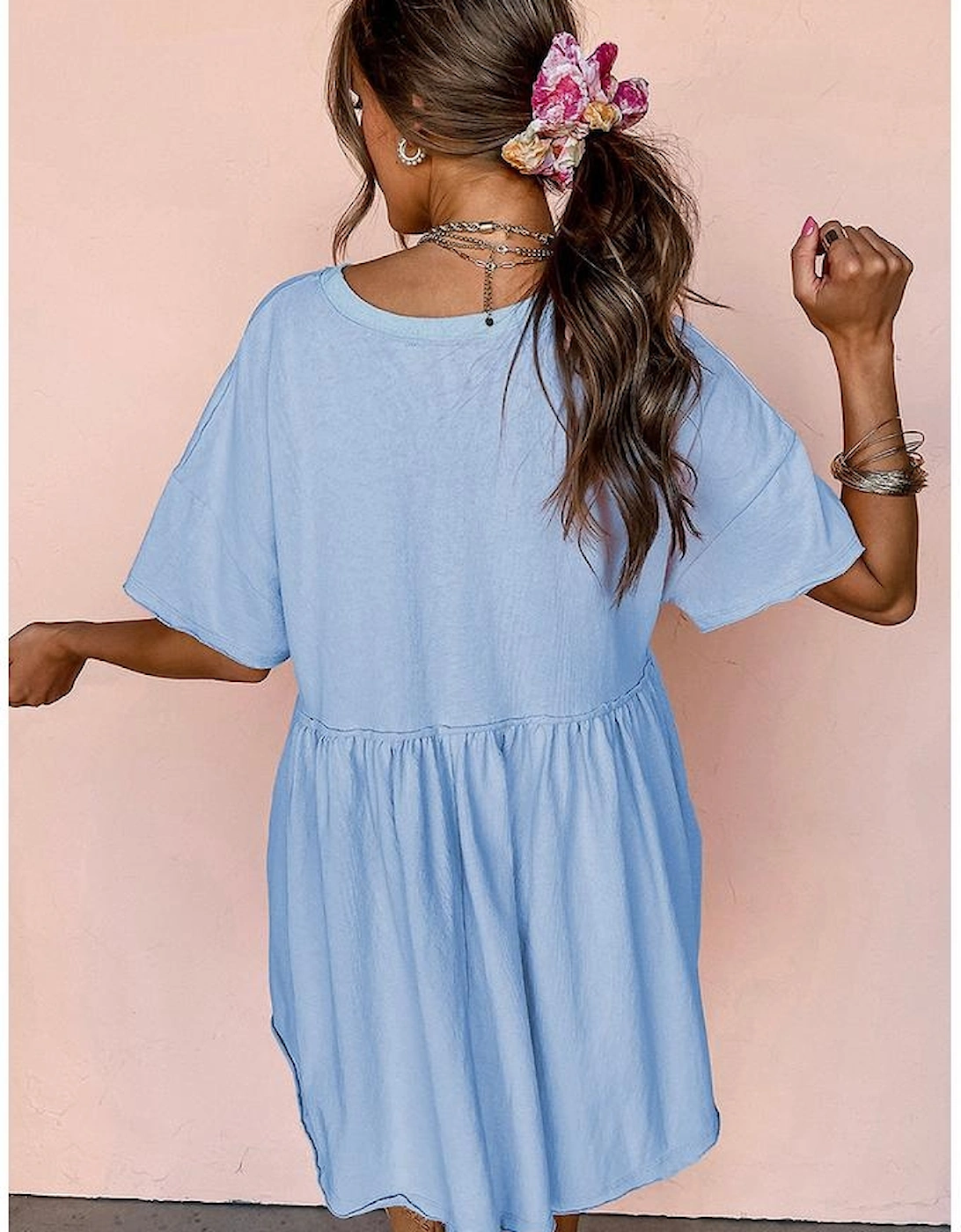 Sky Blue Solid Color Pocketed Raw Edge Babydoll Dress, 8 of 7
