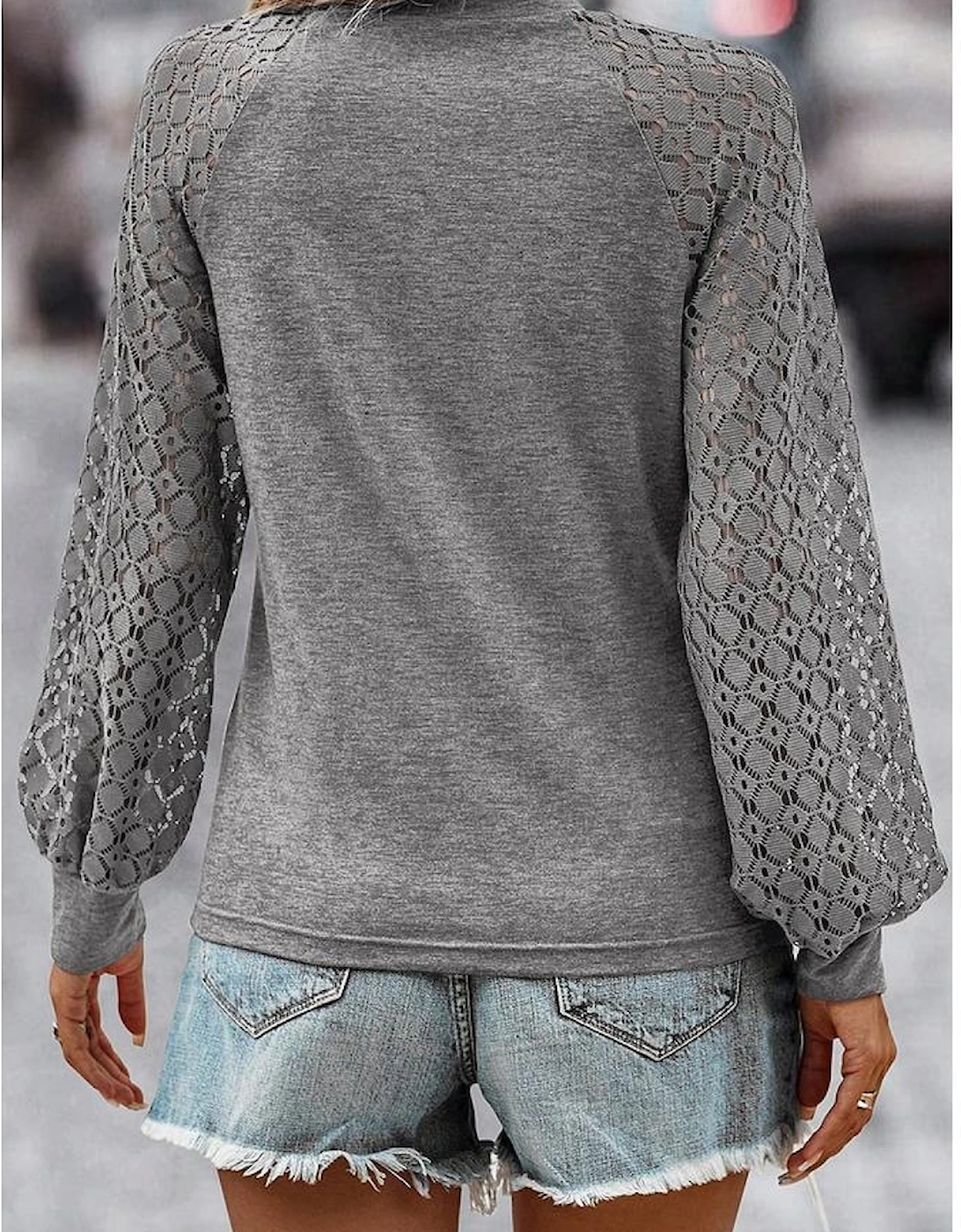 Gray Contrast Lace Raglan Sleeve Plicated Knit Top