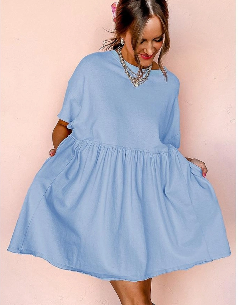 Sky Blue Solid Color Pocketed Raw Edge Babydoll Dress